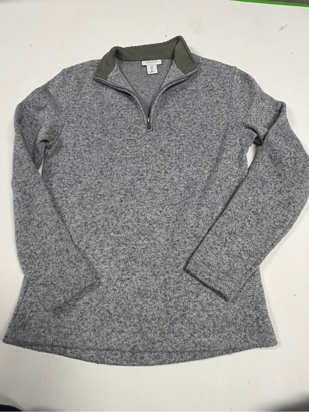 Gray Half-Zip Mock Neck Sweater with Olive Trim